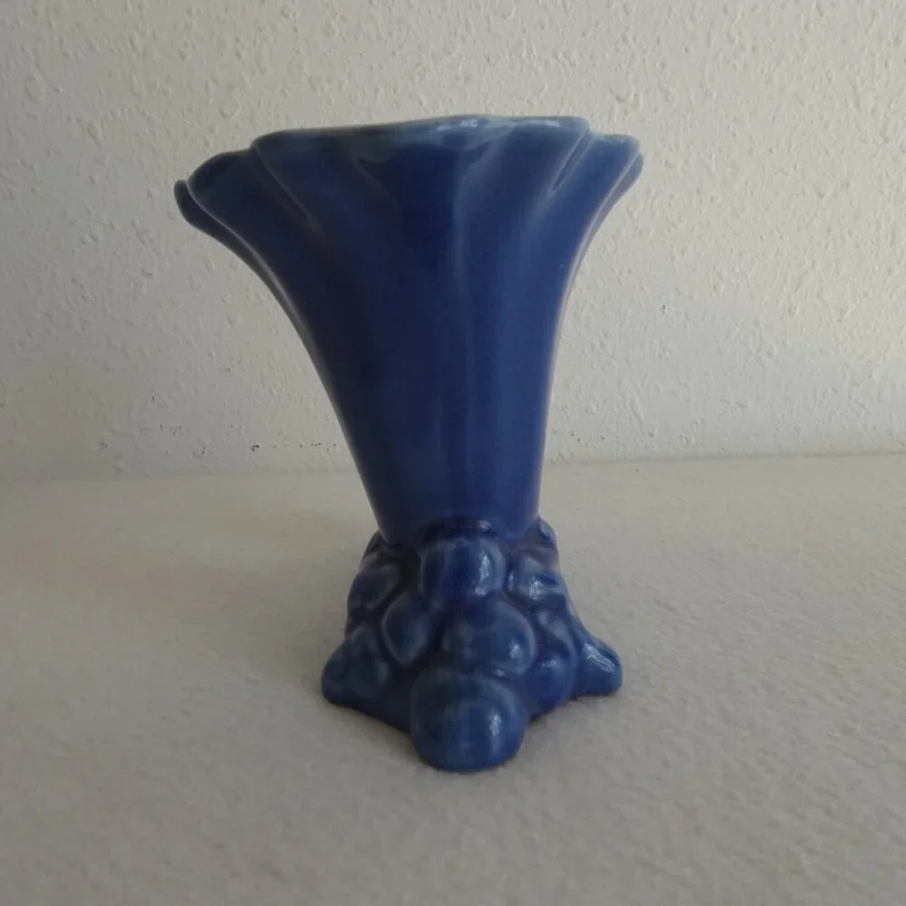 Vintage Cameron Clay Cornucopia Vase Art Deco Blue Pottery 5.25” x 6”